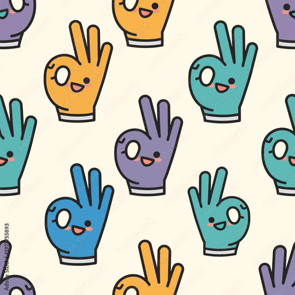 Fototapeta premium Cute Cartoon Hands Making OK Gesture Seamless Pattern.