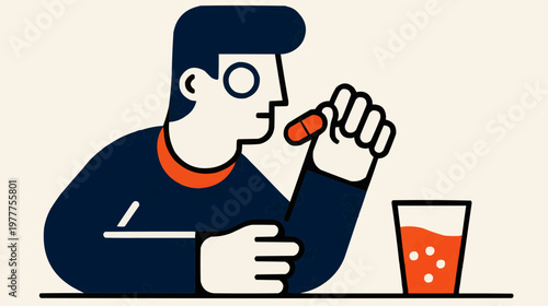 Flat vector illustration of a person taking a pill with a glass of water, suitable for health articles, medical websites, or pharmaceutical advertisements.