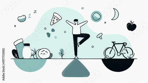 Flat vector illustration of a person balancing healthy and unhealthy lifestyle choices, suitable for wellness blogs, health campaigns, or educational materials.