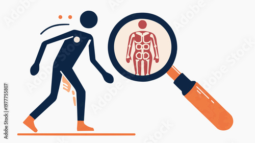 Flat vector illustration of a person being examined by a magnifying glass, revealing internal organs, suitable for medical, health, or diagnostic concepts.