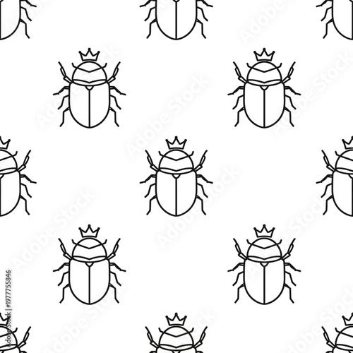 Seamless Pattern of Stylized Scarab Beetles with Crowns.