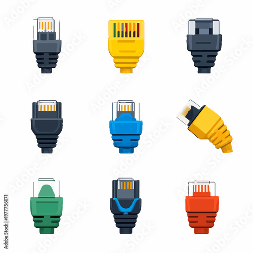 Collection of various colored ethernet cable connectors isolated
