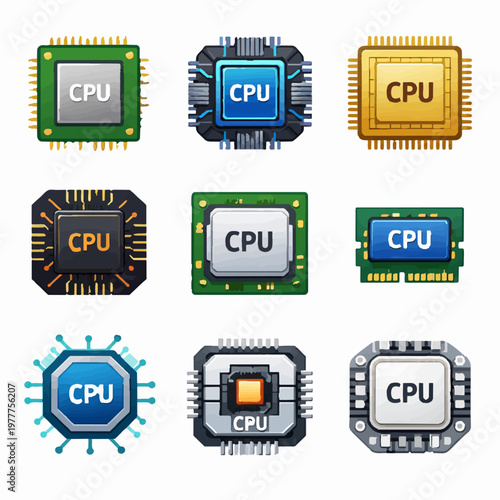 Collection of colorful CPU central processing unit icons in various