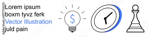 Financial planning, innovation, time management, strategy, decision-making, business concepts. Features a dollar sign light bulb, clock and chess piece. Innovation and financial planning