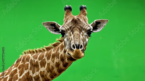 Wallpaper Mural Curious giraffe looking directly at camera on vibrant green background Torontodigital.ca