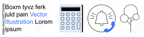 Finance management, education tools, digital notifications, communication, creativity, environment. A calculator, bell with a call symbol and tree line outlines. Finance management and education