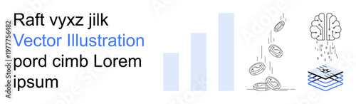 Business analytics, digital economy, data management, artificial intelligence, financial growth, technology. Brain, coins bar graph and layered tech symbols . Business analytics and digital economy