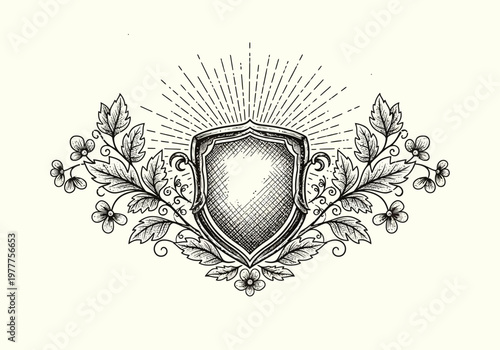 Vintage Emblem Illustration with Laurel Wreath and Radiant Sunburst Design