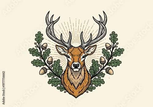 Majestic retro detailed deer head illustration with powerful antlers and oak leaf wreath, symbolizing strength and nature