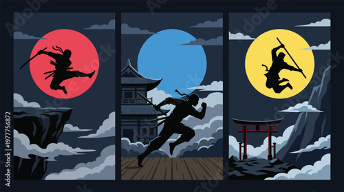 Ninja Silhouette Triptych Dynamic Martial Arts Action in Traditional Japan Nightscape