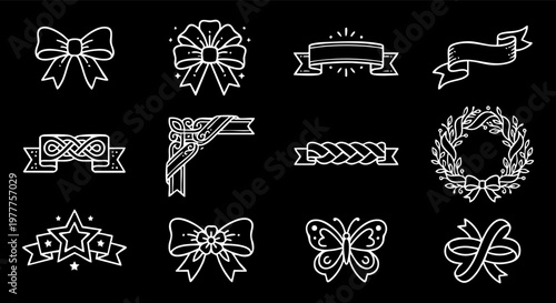 Elegant Ribbon & Bow Line Art Set. Decorative Banner, Floral Wreath n Vintage Ornament Outline Collection