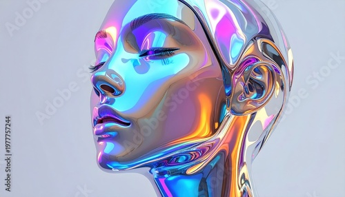 A close-up of a sculpted, futuristic female face with a shiny, iridescent surface