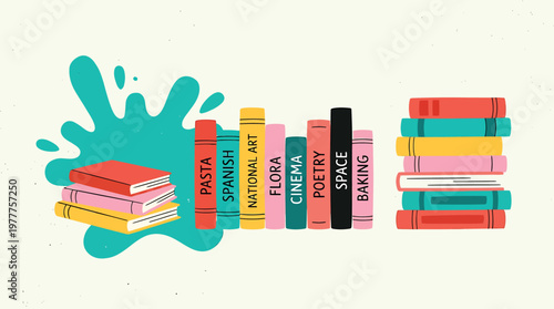 A colorful illustration of books stacked and arranged, perfect for educational content or reading-related projects. The books represent various subjects, set against a splash of color