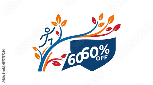 Discount Badge with Silhouette of a Person and Decorative Branches