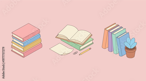 A collection of books with plant and stationery illustration, perfect for back to school