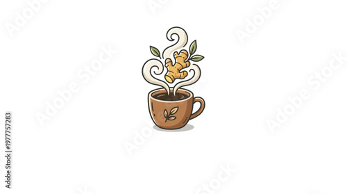 Steaming Cup of Ginger Tea with Herbal Decorations