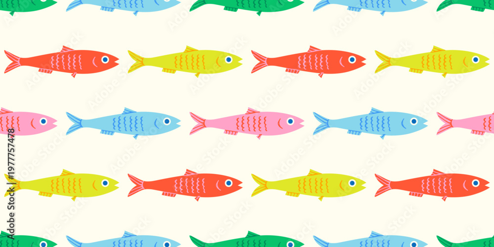 Fototapeta premium Colorful fish animal seamless pattern. Summer background design. Vacation travel concept. Fishing activity flat cartoon backdrop illustration.