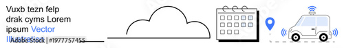 Technology advancement, transportation services, data synchronization, logistics management, cloud storage, scheduling tools. Cloud icon, calendar and vehicle with GPS signal. Technology