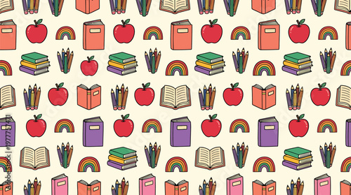 A pattern of school books, apples, rainbow and colored pencils creating a colorful seamless background. Perfect for education and school themes. 