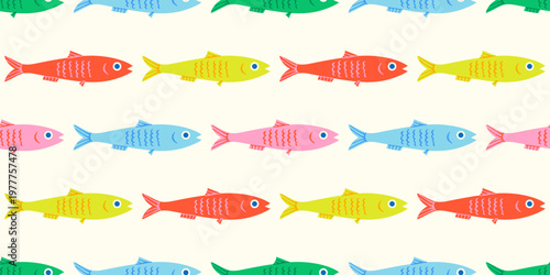 Colorful fish animal seamless pattern. Summer background design. Vacation travel concept. Fishing activity flat cartoon backdrop illustration.
