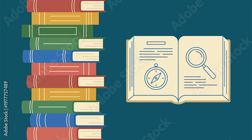 Pile of books with an open book, compass and magnifying glass showing the concept of reading and knowledge