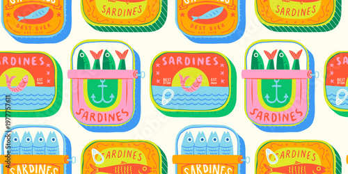 Funny hand drawn canned fish cartoon seamless pattern. Colorful tinned sardines sea food background illustration. Sardine can drawing surface print.