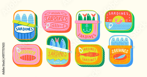 Funny hand drawn canned fish cartoon illustration set. Colorful tinned sardines sea food graphic element collection. Sardine can drawing bundle on isolated background.