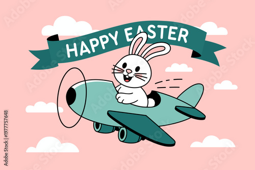 Cute Easter bunny flying airplane with Happy Easter lettering, clouds and sky. Spring holiday vector illustration design in pastel style, perfect for greeting cards, stickers, posters and kids designs