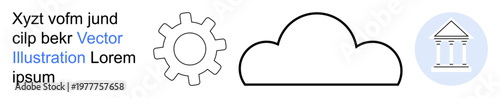 Cloud computing, engineering, financial services, technology, digital infrastructure, data management. Simple icons include a gear, a cloud and a bank symbol. Cloud computing and engineering concept