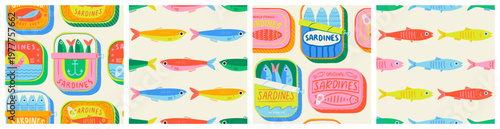 Colorful canned fish animal seamless pattern. Summer background design. Vacation travel concept. Fishing activity flat cartoon backdrop illustration.
