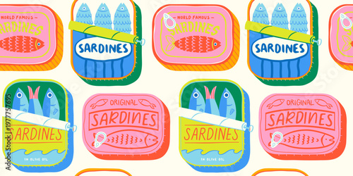 Funny hand drawn canned fish cartoon seamless pattern. Colorful tinned sardines sea food background illustration. Sardine can drawing surface print.