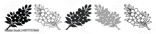 Set of 5 Black and White Floral Branch Vector Icons