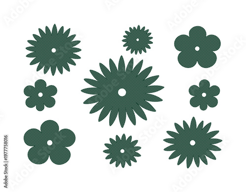 Set of 9 Green Abstract Flower and Star Shapes Vector
