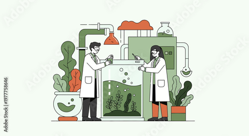 Scientists performing biofuel research in algae laboratory