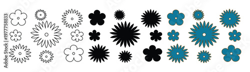 Set of 36 Abstract Flower Vector Icons in Outline, Black, and Blue
