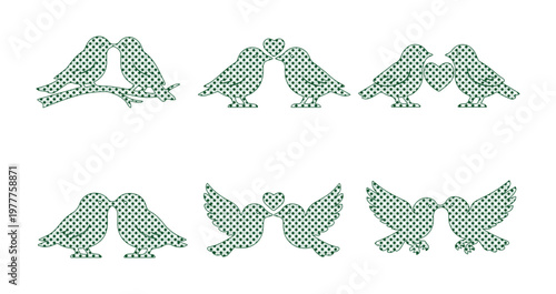 Set of 6 Green Embroidered Love Bird Vector Icons