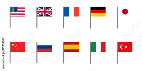 Flag with Flagpole Icon Set including USA American, UK, Germany, France, Germany, Japan, China, Russia, Spain, Italy, Turkey Flags. Vector Image.