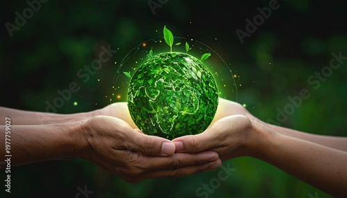 holding a glowing green Earth globe made of leaves, dark background, 