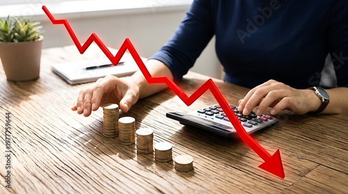Businessperson calculating financial loss with decreasing coins and red graph