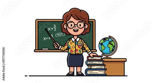 A cartoon female teacher standing in classroom.