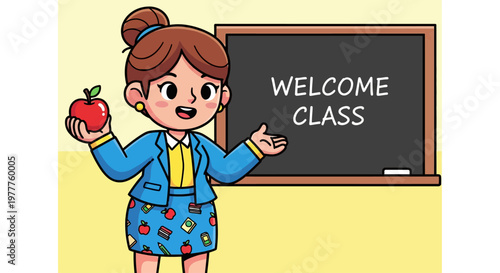 cartoon teacher standing in front of blackboard.