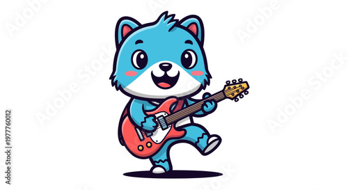 A blue cartoon panda plays electric guitar.