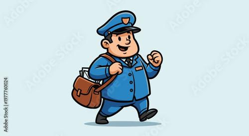 A cartoon postal worker walking with mailbag.