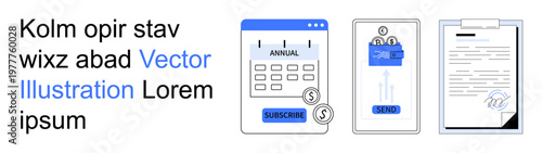 Finance apps, payment systems, subscriptions, annual fees, digital forms, and transactions. Financial tools including a subscription button and payment screen. Finance apps and payment systems