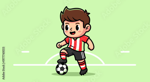 young boy playing soccer outdoors.