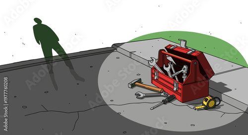 Cartoon Toolbox on Sidewalk with Shadow, Repair, Construction, Renovation Concept - Isolated on transparent background. Vector Illustration for DIY Projects.
