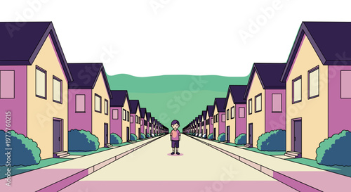 Cartoon Boy Standing Lonely on Suburban Street, Represents Conformity, Isolation and Childhood Sadness, Vector Illustration, isolated on transparent background.