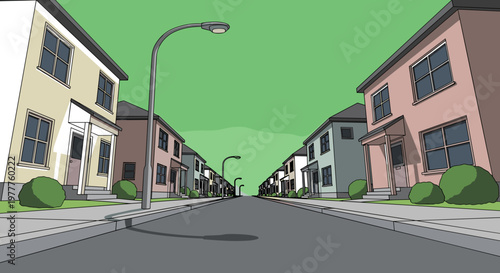 Cartoon Suburban Street Vector Illustration: Endless Row of Houses, Lamp Posts and Empty Asphalt Road - Community Planning or Housing Development Isolated on transparent background