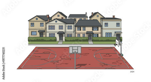 Urban Basketball Court Illustration: Community, Nostalgia & Decay, Cartoon Style Street Court Near Suburban Homes, Isolated on transparent background. Vector Graphic For Design Projects.