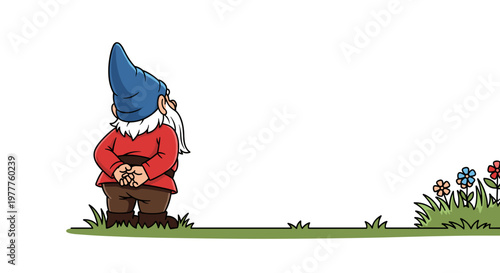 Cartoon Garden Gnome Looking Away, Contemplative Back View Isolated on Transparent Background, Mascot Character for Spring Gardening, Landscaping, Lawn Care, Fairytale